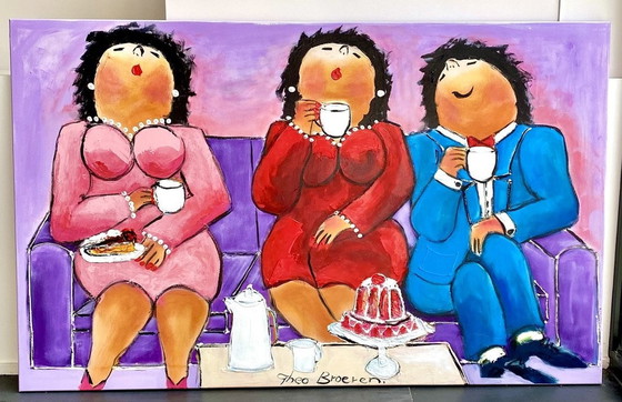 Image 1 of Theo Broeren "Kopje Thee Met Gebak" - Originalgemälde auf Leinwand - 100Cm X 160Cm - Mit Echtheitszertifikat