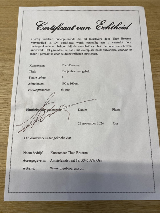 Image 1 of Theo Broeren "Kopje Thee Met Gebak" - Originalgemälde auf Leinwand - 100Cm X 160Cm - Mit Echtheitszertifikat