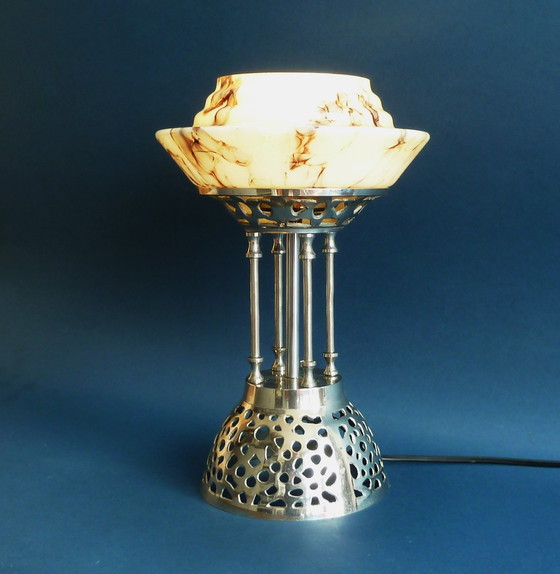 Image 1 of Art Deco Tischlampe mit Lampenschirm aus kardiertem Glas