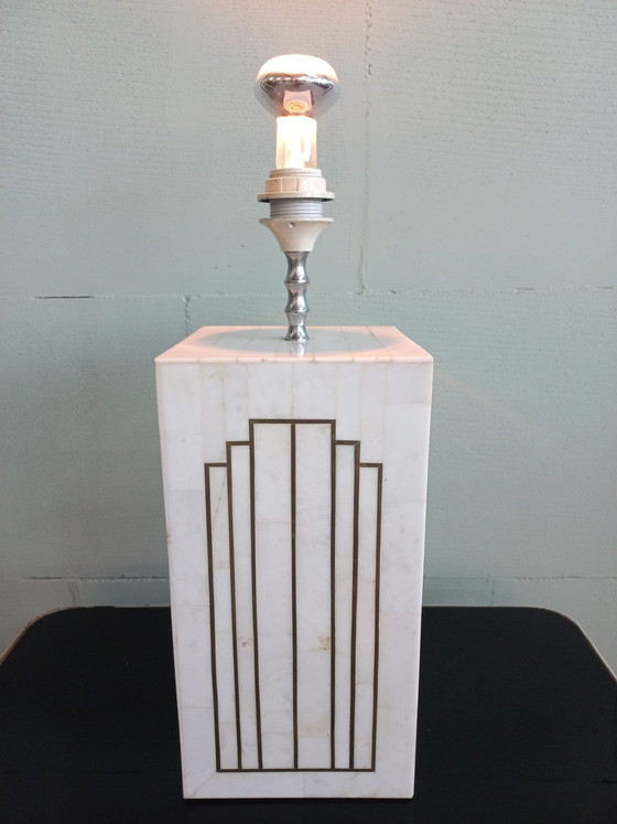 Italienische 70er Jahre Deco/Romeo Rega Stil Marmor Intarsien Lampe – Tischlampen, Copper, Plastic