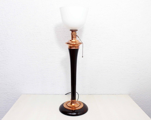 Art Deco Mazda Lampe, Holz Kupfer und Glas, 1930S