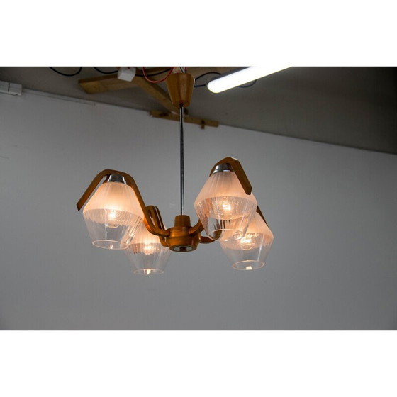 Image 1 of Mid-Century-Kronleuchter aus Holz und Glas von Dřevo Humpolec, Tschechoslowakei 1960er Jahre