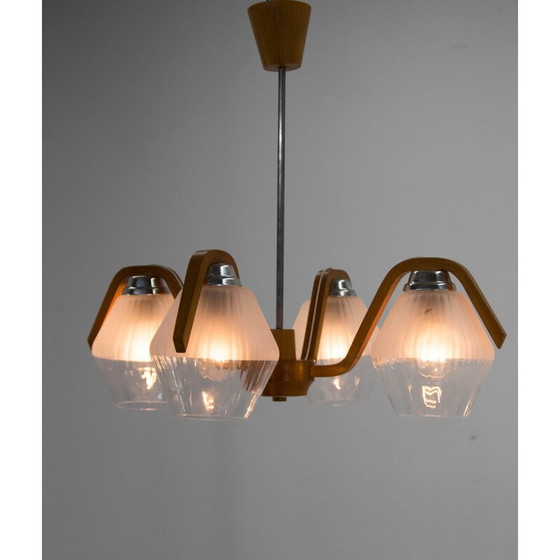 Image 1 of Mid-Century-Kronleuchter aus Holz und Glas von Dřevo Humpolec, Tschechoslowakei 1960er Jahre