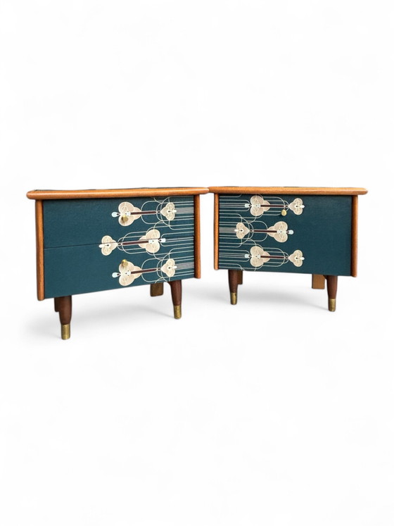 Image 1 of Vintage Nachttische gepolstert mit Art Deco Druck in Gold mit blau
