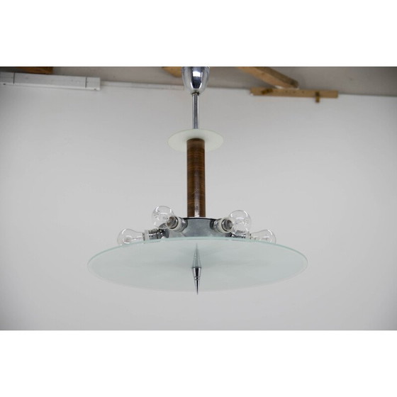 Image 1 of Vintage Art Deco Kronleuchter aus Nussbaum, Chrom und Glas, 1930er Jahre