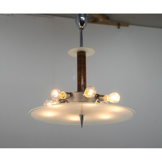 Image 1 of Vintage Art Deco Kronleuchter aus Nussbaum, Chrom und Glas, 1930er Jahre