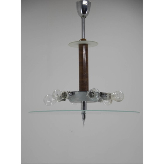 Image 1 of Vintage Art Deco Kronleuchter aus Nussbaum, Chrom und Glas, 1930er Jahre