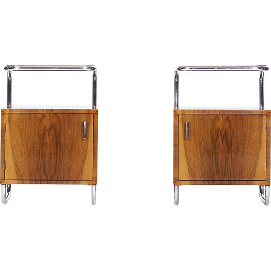Image 1 of Ein Paar Vintage Art Deco Nachttische aus furniertem Nussbaum und Chrom von Vichr