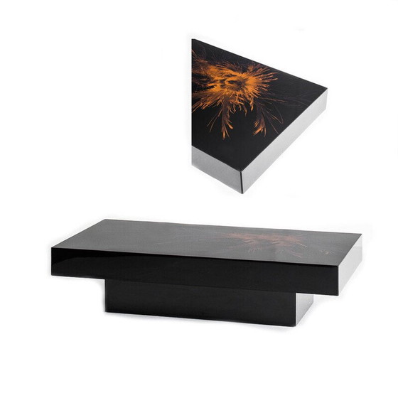 Image 1 of Vintage Couchtisch. Schwarz lackiertes Holz mit Design signiert H D. Frankreich, 1980er Jahre