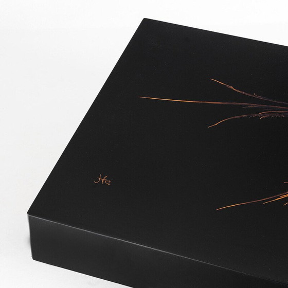 Image 1 of Vintage Couchtisch. Schwarz lackiertes Holz mit Design signiert H D. Frankreich, 1980er Jahre