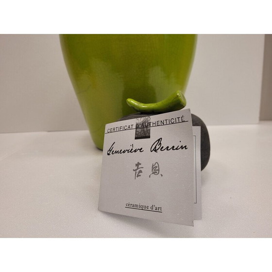 Image 1 of Satz von 3 Vasen aus grün glasierter Raku-Keramik von Geneviève Berrin, Frankreich