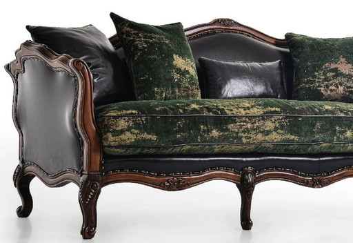 Casa Padrino Luxus Barock Ledersofa Schwarz / Grün / Braun - Prächtiges Wohnzimmersofa mit hochwertigem Echtleder