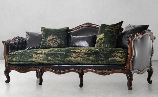 Casa Padrino Luxus Barock Ledersofa Schwarz / Grün / Braun - Prächtiges Wohnzimmersofa mit hochwertigem Echtleder