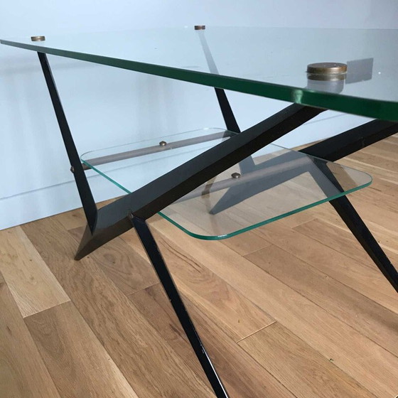Image 1 of Vintage Couchtisch aus Glas und schwarzem Metall von Angelo Ostuni, 1950