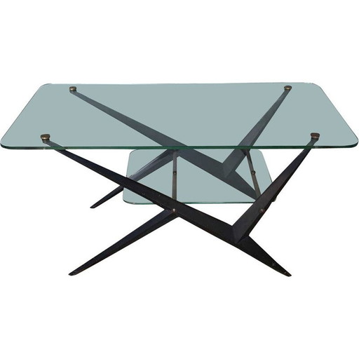 Vintage Couchtisch aus Glas und schwarzem Metall von Angelo Ostuni, 1950