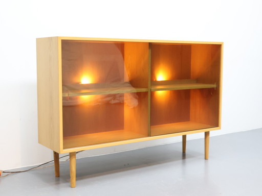 Vintage-Sideboard Eiche blond mit Schiebetüren aus Rauchglas