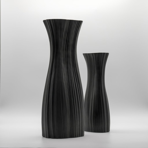 Martin Freyer Rosenthal Plissee Bisque Porcelaine Noire 37 cm + 27 cm Vase Duo