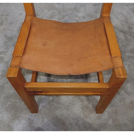 Image 1 of Satz von 4 Stühlen aus massivem Ulmenholz und Leder von Maison Regain, 1960