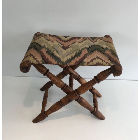 Image 1 of Vintage Klappbarer Hocker aus Holz und Gobelin 1930