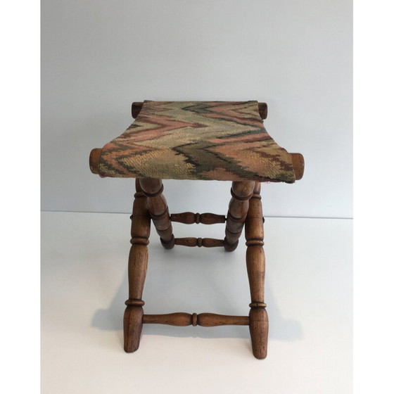 Image 1 of Vintage Klappbarer Hocker aus Holz und Gobelin 1930