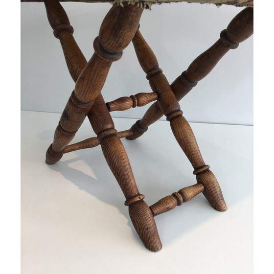 Image 1 of Vintage Klappbarer Hocker aus Holz und Gobelin 1930