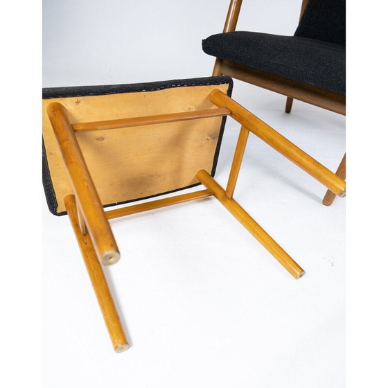 Image 1 of Vintage Teakholz Sessel und Hocker mit dunklem Wollstoff Dänemark 1960s
