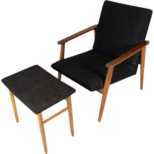 Vintage Teakholz Sessel und Hocker mit dunklem Wollstoff Dänemark 1960s