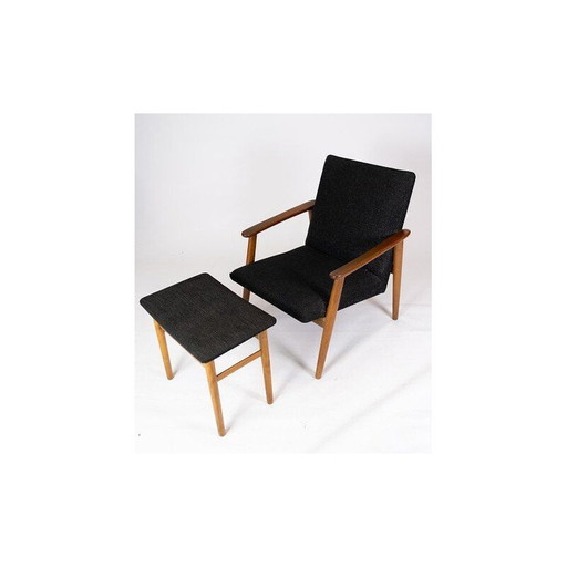 Vintage Teakholz Sessel und Hocker mit dunklem Wollstoff Dänemark 1960s