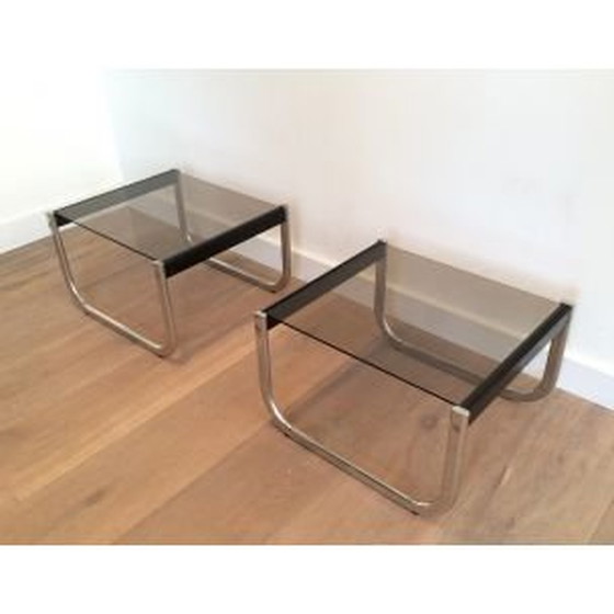 Image 1 of Paar Vintage-Beistelltische aus Chrom, geschwärztem Holz und Glas, 1970