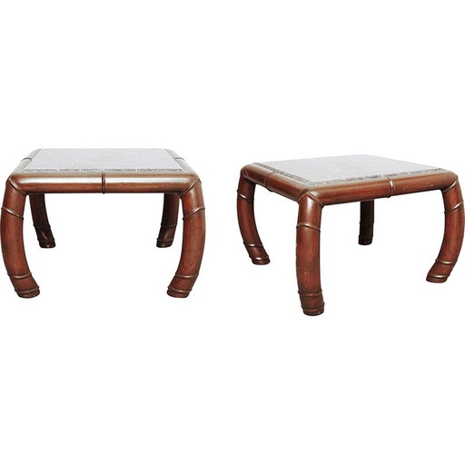 Paar Vintage-Couchtische aus falschem Bambus und grauem Marmor, 1960