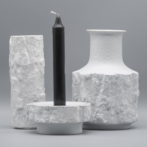 Image 1 of Ernst Fenzl Bareuther Op-Art Rindenrelief Biskuit-Porzellan "Silvana" Vasen-Set ×5