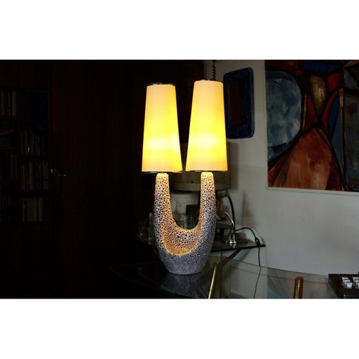 Weiße und rote Keramiklampe für Marino Le Vaucour, Frankreich 1950