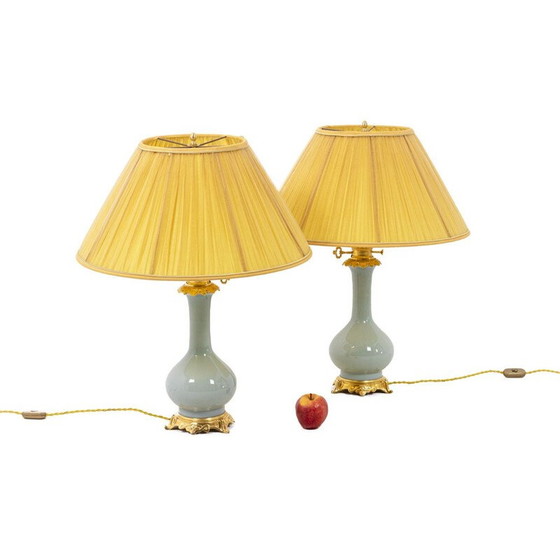 Image 1 of Paar alte Lampen aus Celadon-Porzellan und vergoldeter Bronze, 1880