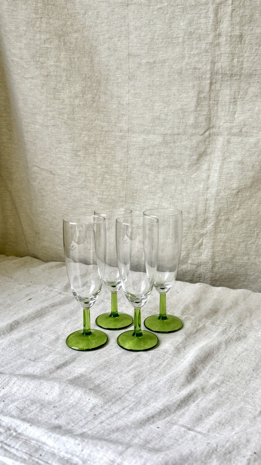 4X Vintage Champagnerflöte mit grünem Fuß