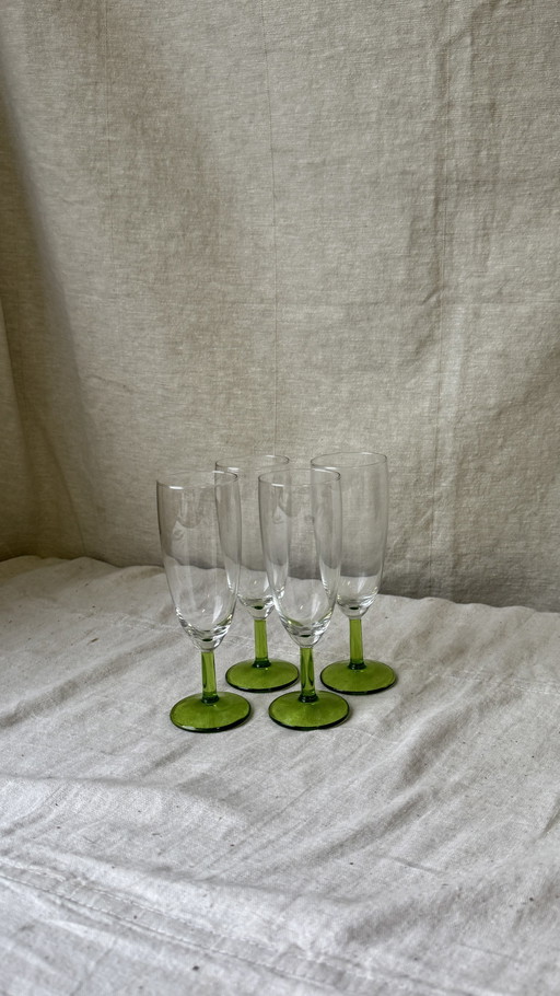 4X Vintage Champagnerflöte mit grünem Fuß