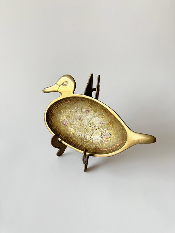 Image 1 of Vintage Messing Schale Cloisonné, Entenform Blumendetails, Handarbeit, Messing Ente, Emaille, Messing Teller, Messing Tablett