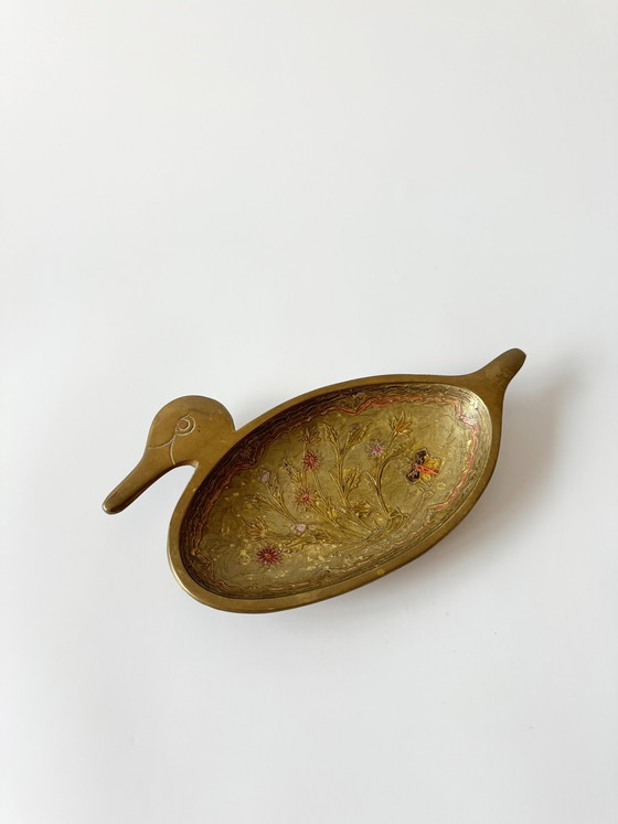 Image 1 of Vintage Messing Schale Cloisonné, Entenform Blumendetails, Handarbeit, Messing Ente, Emaille, Messing Teller, Messing Tablett