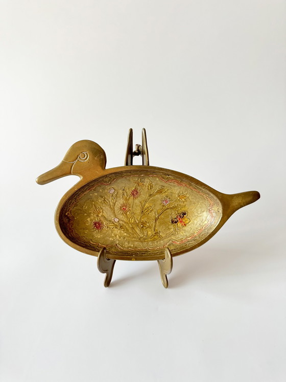 Image 1 of Vintage Messing Schale Cloisonné, Entenform Blumendetails, Handarbeit, Messing Ente, Emaille, Messing Teller, Messing Tablett