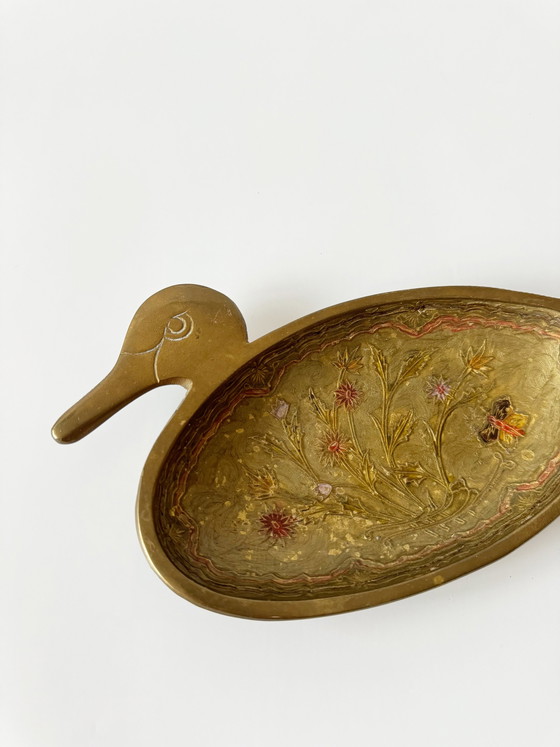 Image 1 of Vintage Messing Schale Cloisonné, Entenform Blumendetails, Handarbeit, Messing Ente, Emaille, Messing Teller, Messing Tablett