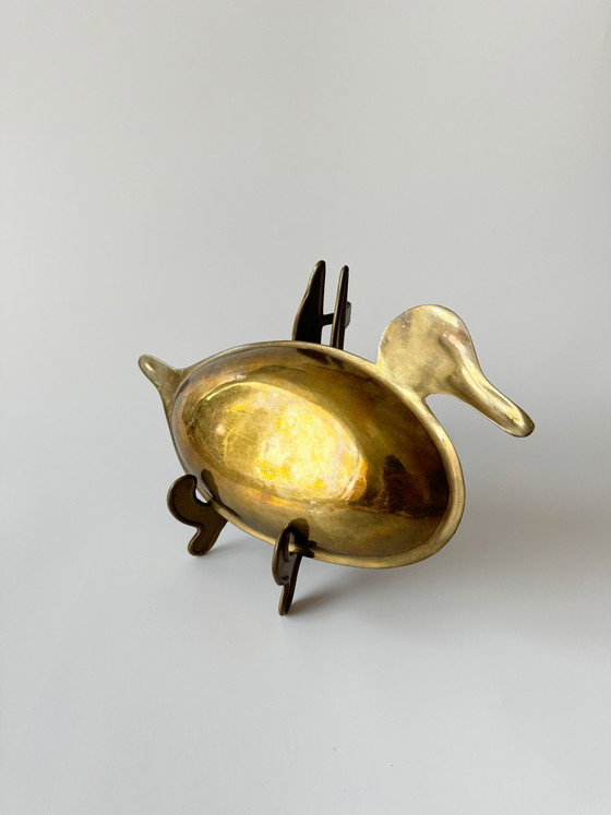 Image 1 of Vintage Messing Schale Cloisonné, Entenform Blumendetails, Handarbeit, Messing Ente, Emaille, Messing Teller, Messing Tablett