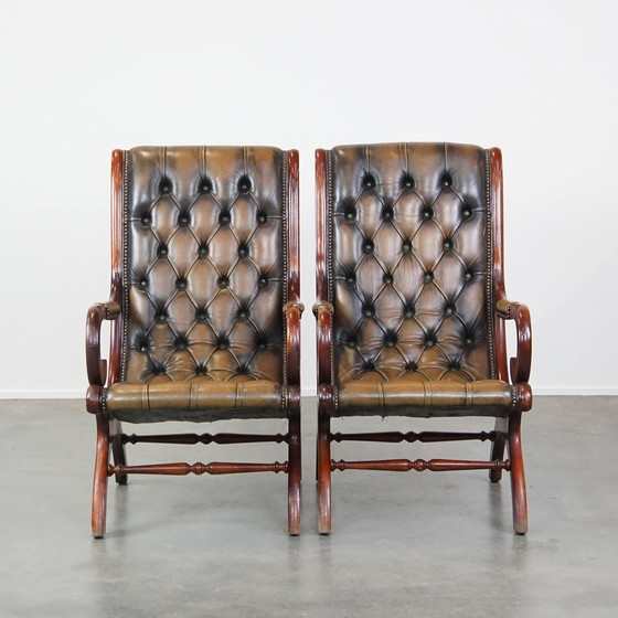 Image 1 of 2 x Grüner Vintage Rindsleder Chesterfield Sessel