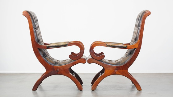 Image 1 of 2 x Grüner Vintage Rindsleder Chesterfield Sessel