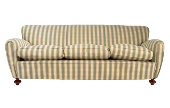 Image 1 of Dreisitziges Sofa mit Holzstruktur und gestreiftem Stoff, 1980er Jahre