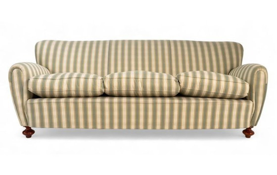 Image 1 of Dreisitziges Sofa mit Holzstruktur und gestreiftem Stoff, 1980er Jahre