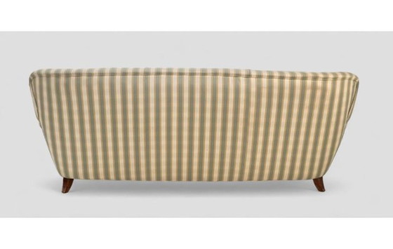 Image 1 of Dreisitziges Sofa mit Holzstruktur und gestreiftem Stoff, 1980er Jahre