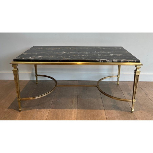 Vintage Couchtisch aus Bronze und schwarzer Portor-Marmorplatte, Frankreich 1940