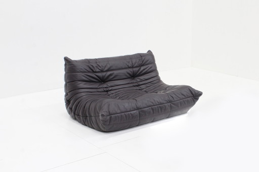 Vintage Ligne Roset Togo 2-Sitzer Sofa Braunes Leder