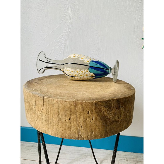 Image 1 of Vintage Vase aus Glas und Emaille mit Blumen von Mazoyer, 1925