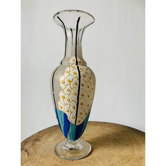 Image 1 of Vintage Vase aus Glas und Emaille mit Blumen von Mazoyer, 1925