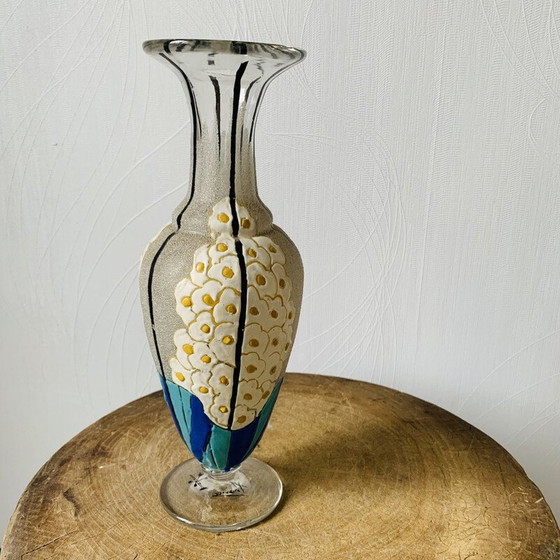 Image 1 of Vintage Vase aus Glas und Emaille mit Blumen von Mazoyer, 1925